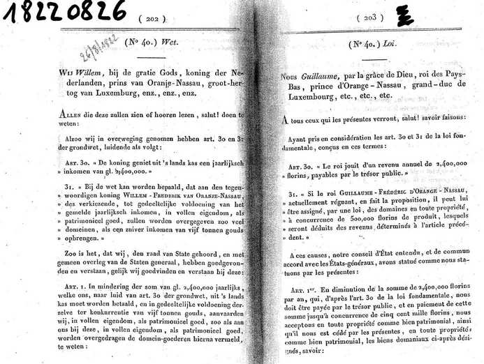 Article 182208261586: 26 augustus 1822: Willem I laat bij wet een deel (500.000 gulden) van zijn inkomen (art. 30 GW) uitbetalen in GROND !!!