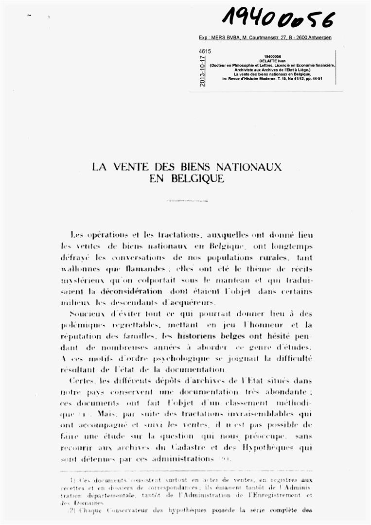 Article 19400056: La vente des biens nationaux en Belgique, in: Revue d