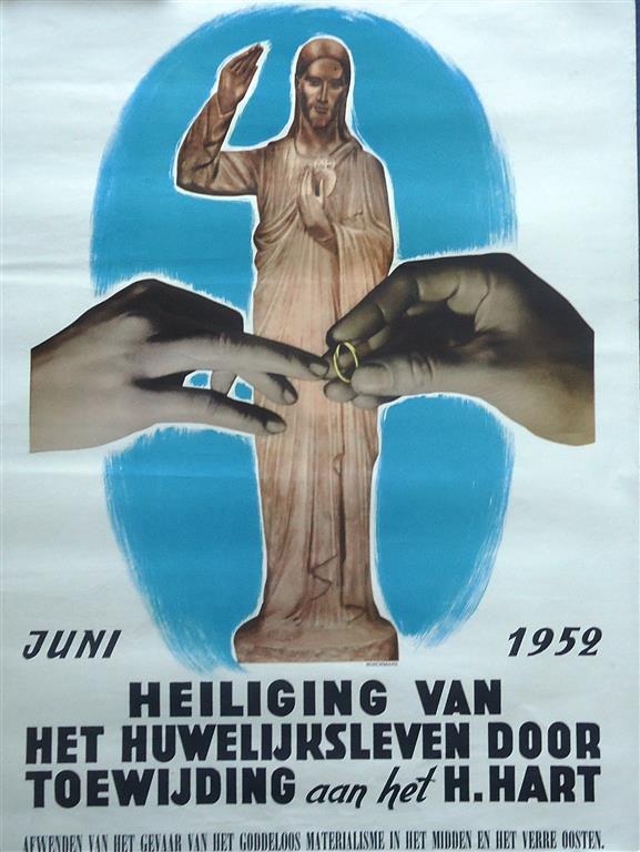 Book cover 1952000001: NN. | AFFICHE: Juni 1952: Heiliging van het huwelijksleven door toewijding aan het H. Hart (illustratie: H. Hart zegent aan de vinger geschoven trouwring); afwenden van het gevaar van het goddeloos materialisme in het Midden en Verre Oosten
