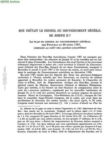 Article 196402028784: Que coûtait le Conseil du Gouvernement Général de Joseph II? Le plan du Conseil du Gouvernement Général des Pays-Bas au 30 avril 1787, comparé au coût des anciens dicastères.