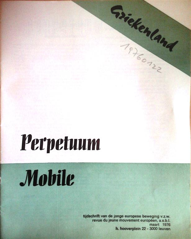 Book cover 19760122: TESSENS Lucas  | De Griekse toetreding, een avontuur ?, in: Perpetuum Mobile, maart 1976, pp. 1-5
