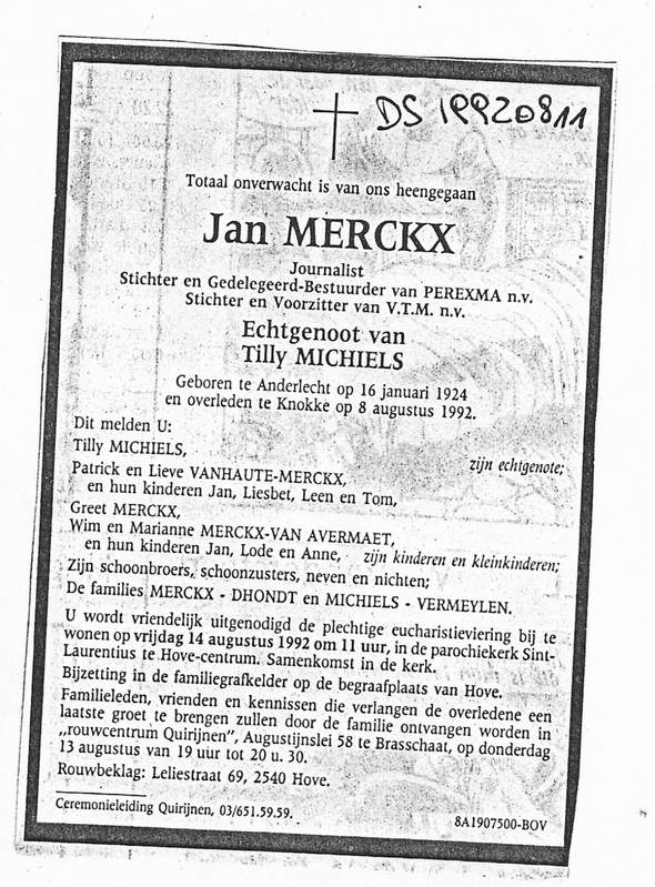 Article 199208082061: 8 augustus 1992: Jan Merckx overlijdt te Knokke. R.I.P.
