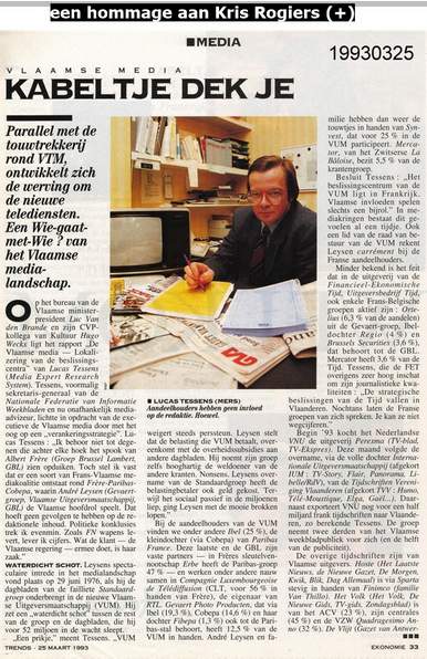 Article 19930280: Kabeltje dek je. Vlaamse media. Interview met Lucas Tessens over de Vlaamse verankering van de media en de toekomst van de teledistributie.