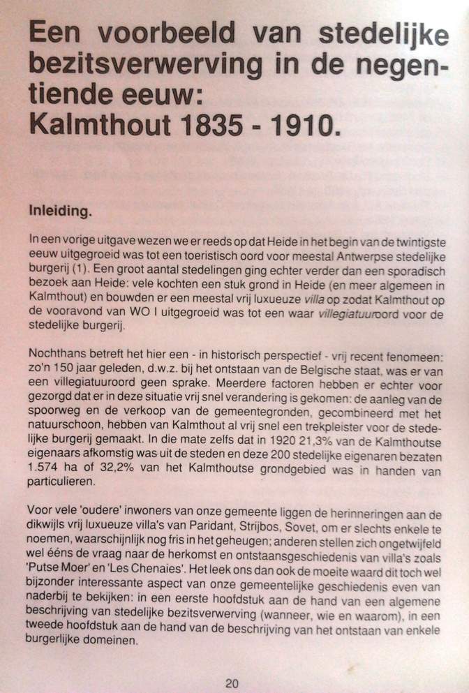 Book cover 201403080100: GOOSSENS Martine | Een voorbeeld van stedelijke bezitsverwerving in de negentiende eeuw: Kalmthout 1835-1910, in: Calmpthoutania, jg 40 (1988), nr 1, pp. 20-40