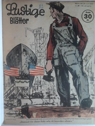 Book cover 201407102301: NN, Bruns (Zeichnung) | Lustige Blätter Nr. 26 58.Jahrgang 1943: Laut Pressemeldung wurde zum erstenmal ein amerikanisches Kriegsschiff auf den Namen eines Negers getauft.