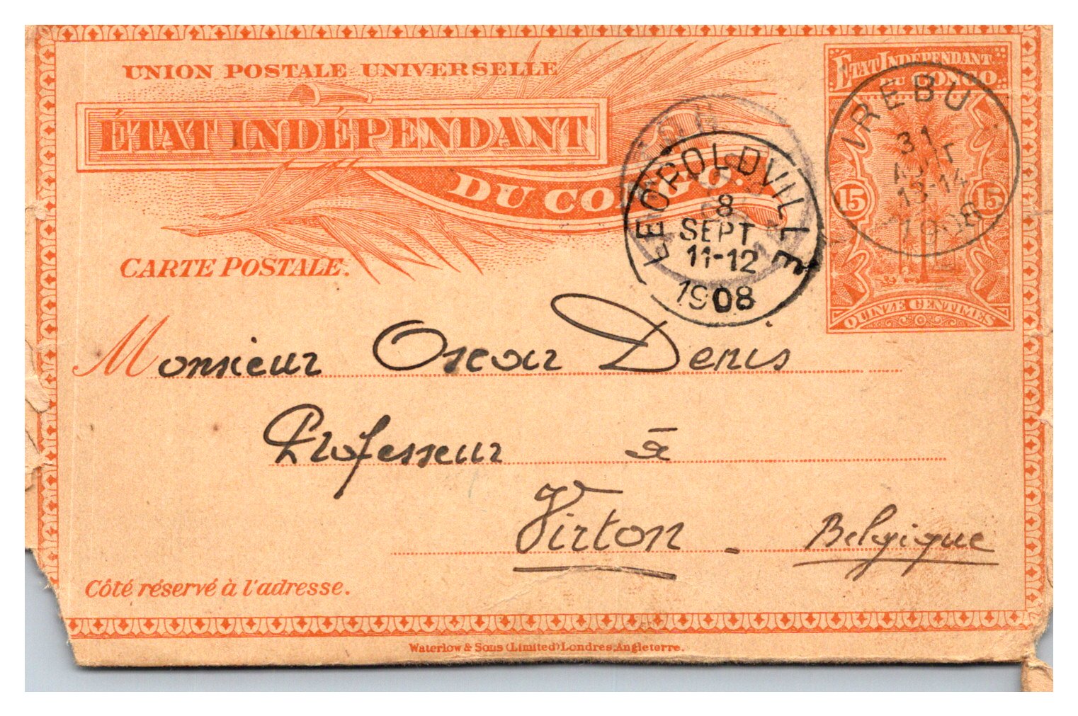 Carte postale Congo - EIC: from Leopoldville to Virton (8/9/1908) à Oscar Denis